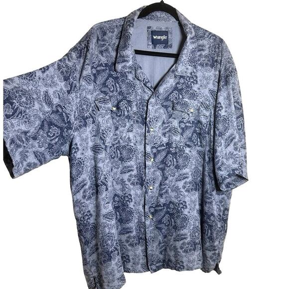 Wrangler Men’s Coconut Cowboy Snap Button Camp Shirt Blue Size XXL TTG - Picture 7 of 10